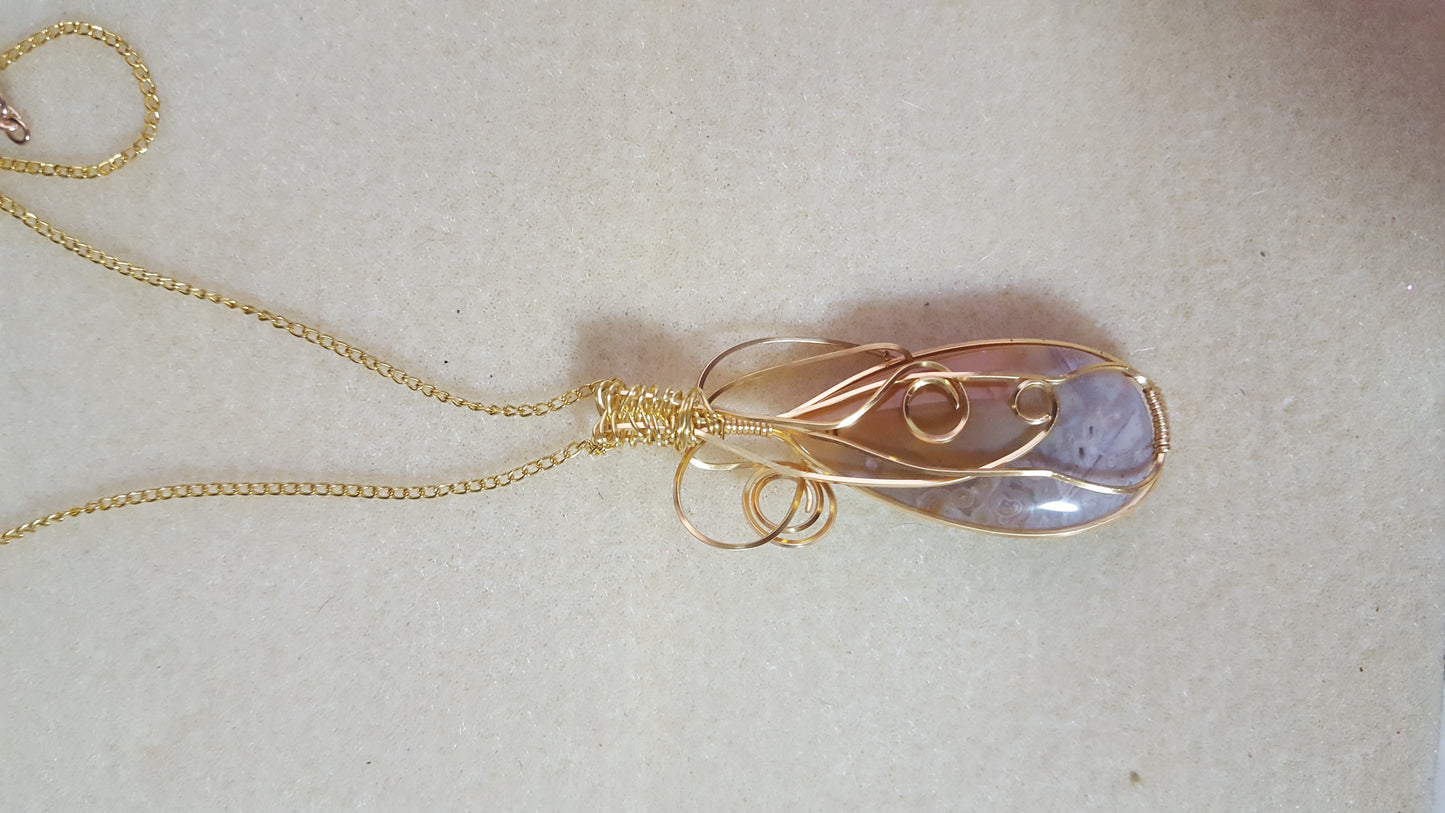 Wire Wrapped Bamboo Leaf Agate Pendant