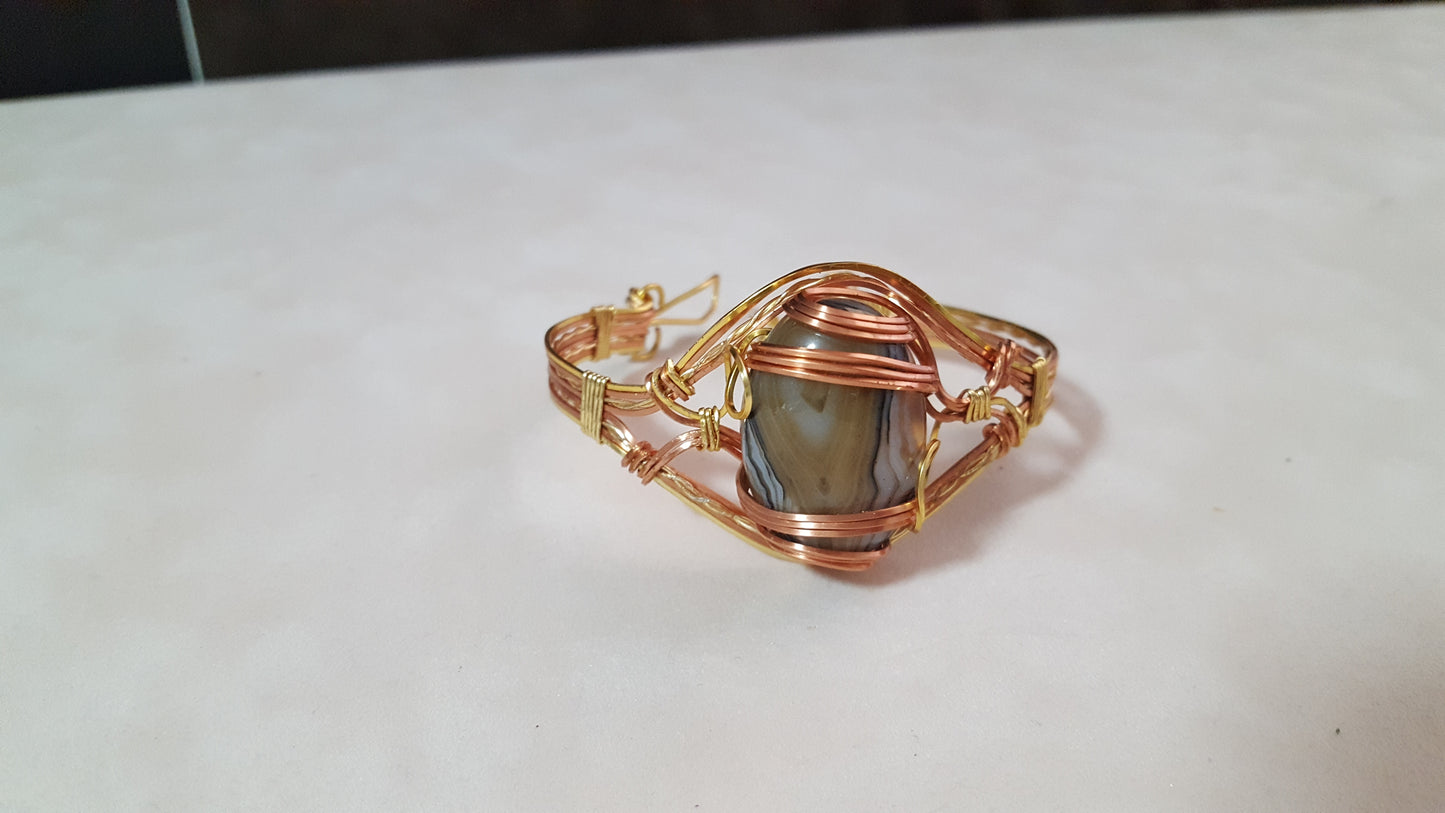 Gold & Copper Wrapped Banded Agate Cuff Bracelet