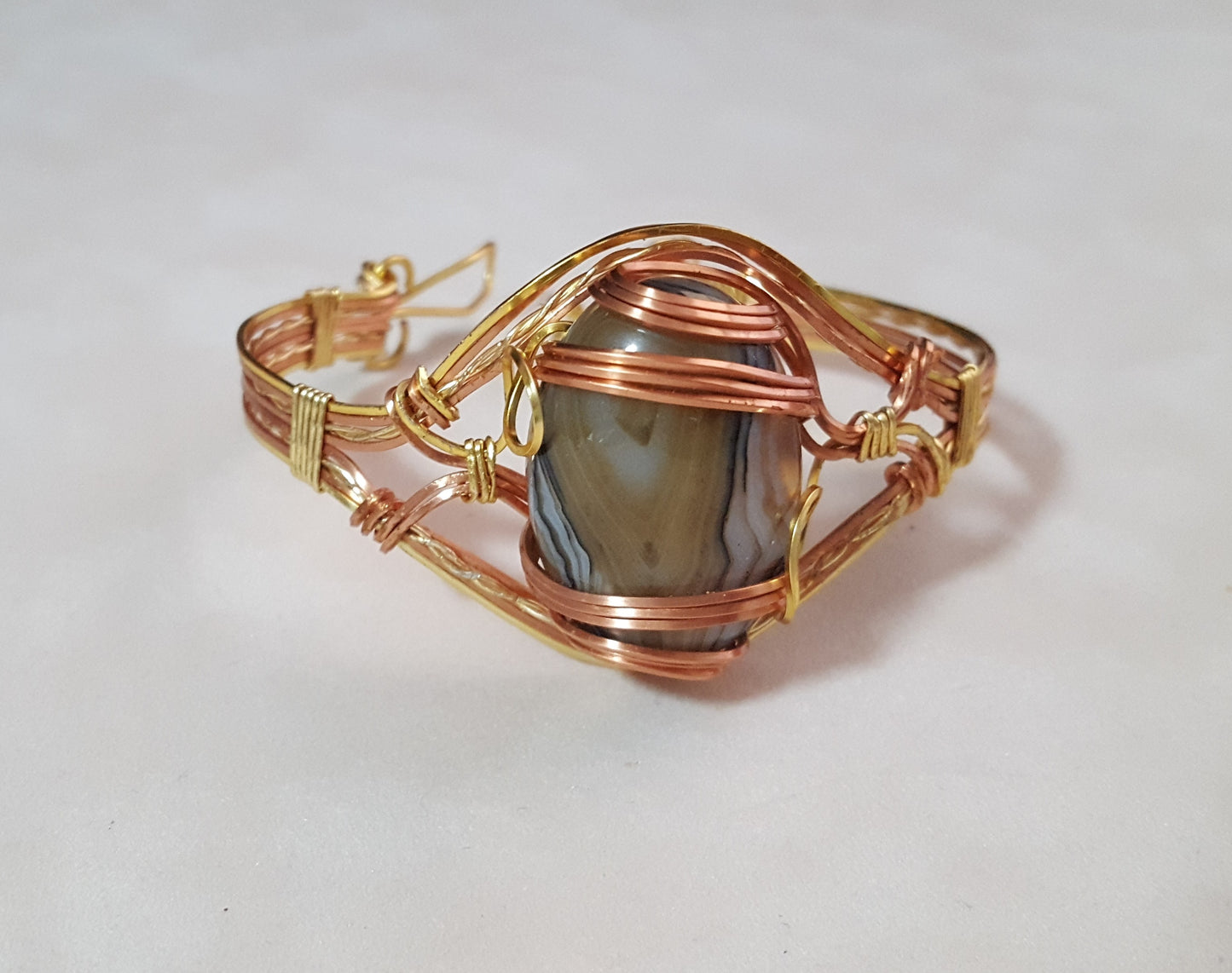 Gold & Copper Wrapped Banded Agate Cuff Bracelet