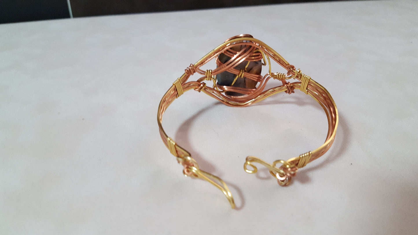 Gold & Copper Wrapped Banded Agate Cuff Bracelet