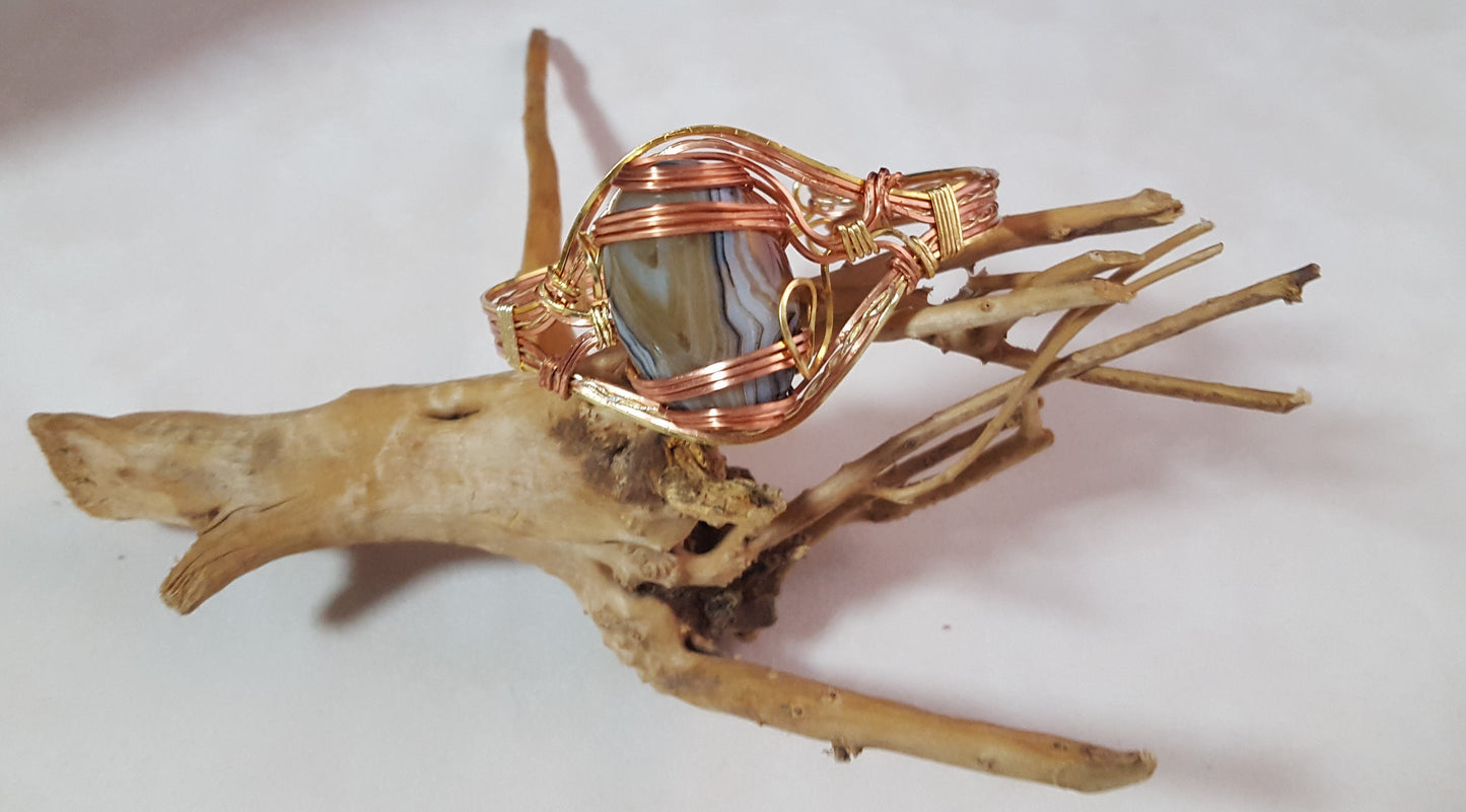 Gold & Copper Wrapped Banded Agate Cuff Bracelet