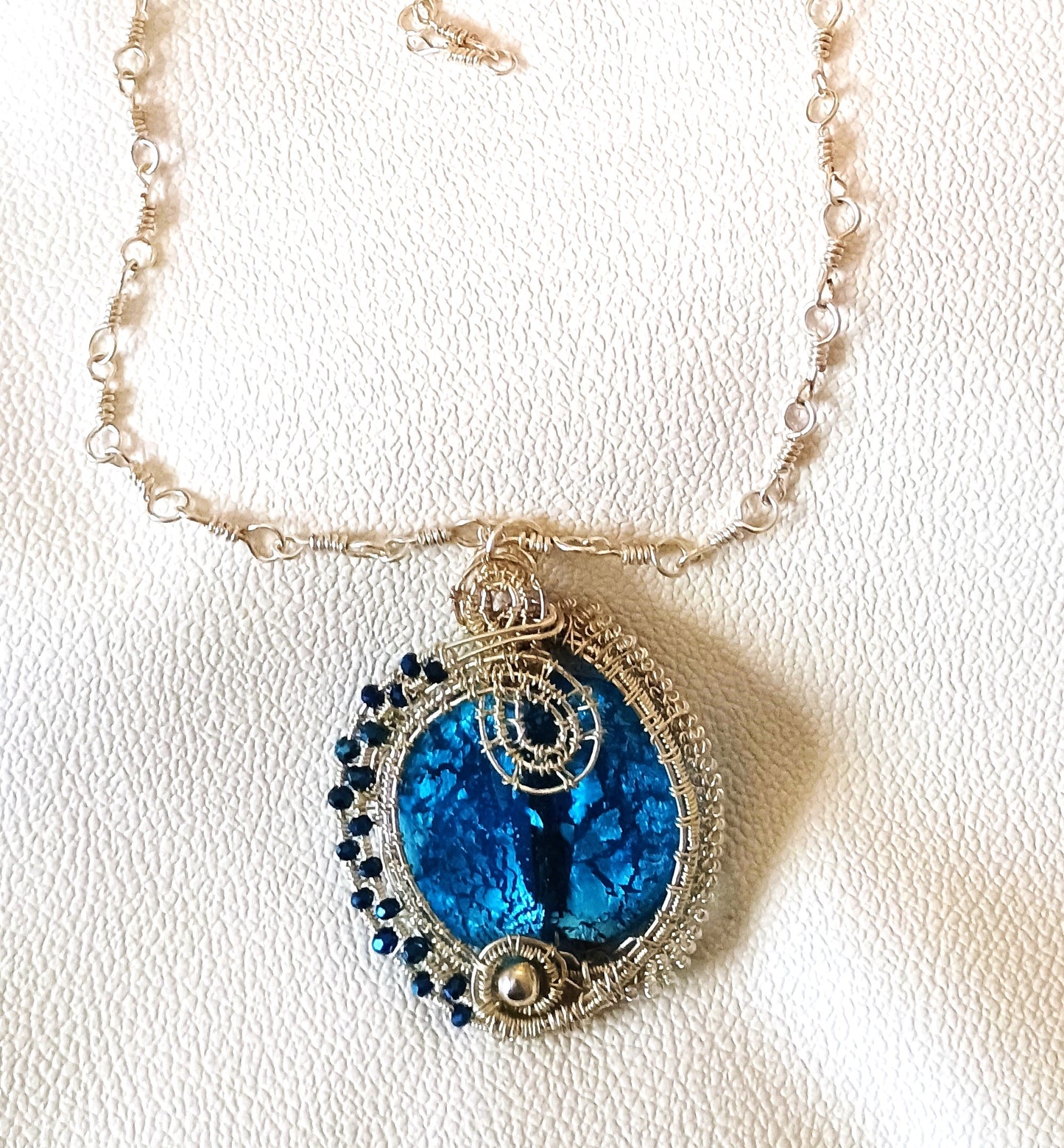 Silver Woven w/Swarovski Beads & a Blue Focus Bead Reversible Necklace