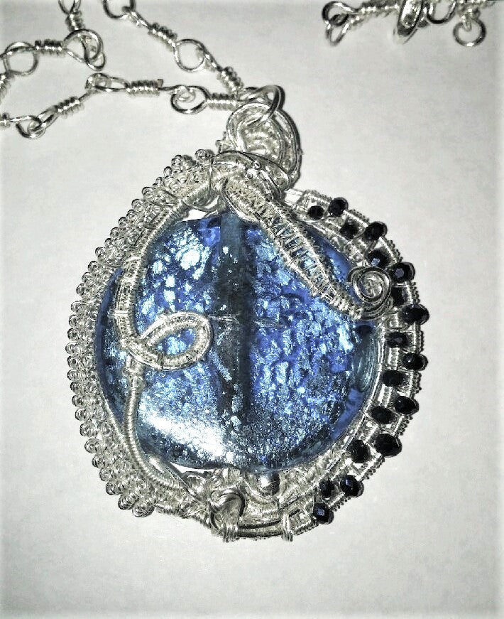 Silver Woven w/Swarovski Beads & a Blue Focus Bead Reversible Necklace