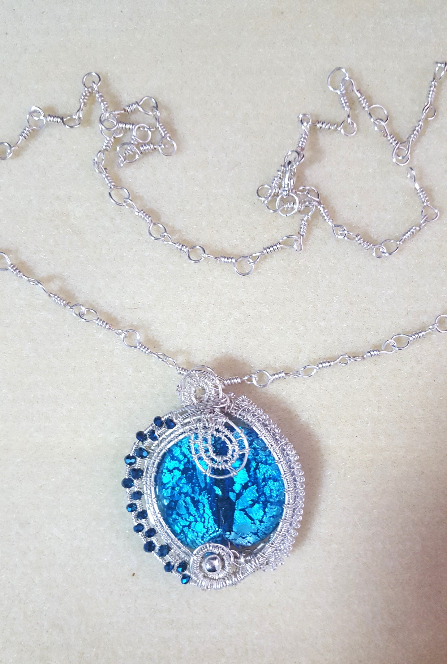 Silver Woven w/Swarovski Beads & a Blue Focus Bead Reversible Necklace