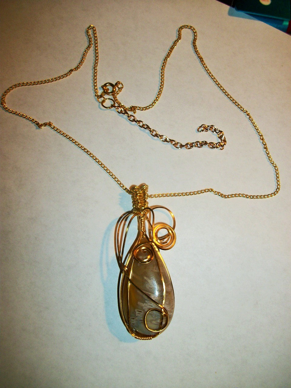 Wire Wrapped Bamboo Leaf Agate Pendant