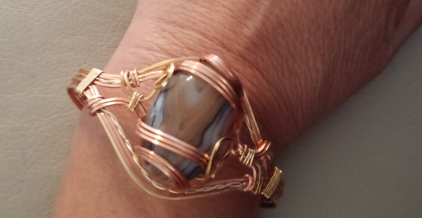 Gold & Copper Wrapped Banded Agate Cuff Bracelet