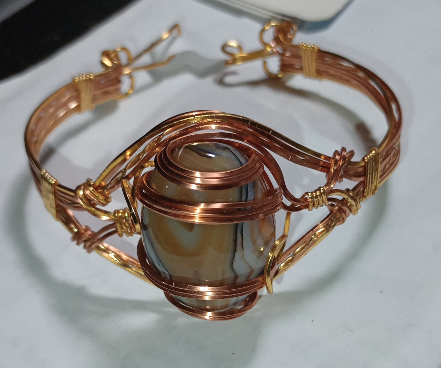 Gold & Copper Wrapped Banded Agate Cuff Bracelet