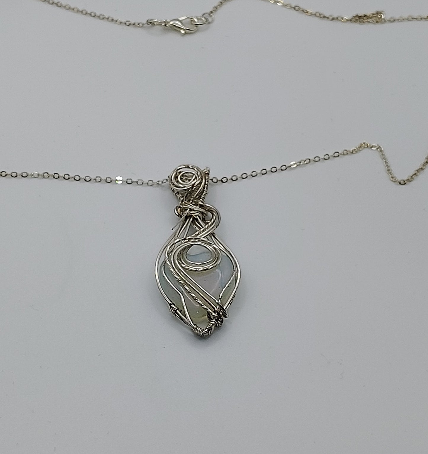 Gorgeous Silver-Plated Wire Wrapped Opalite Heart Necklace
