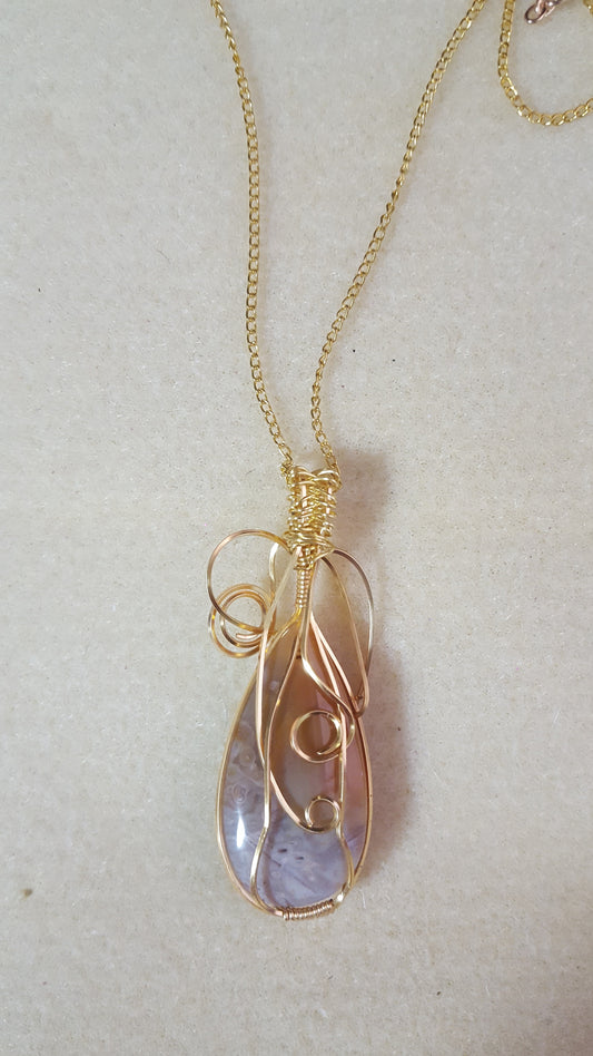 Wire Wrapped Bamboo Leaf Agate Pendant