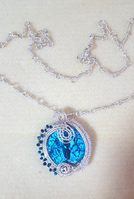 Silver Woven w/Swarovski Beads & a Blue Focus Bead Reversible Necklace