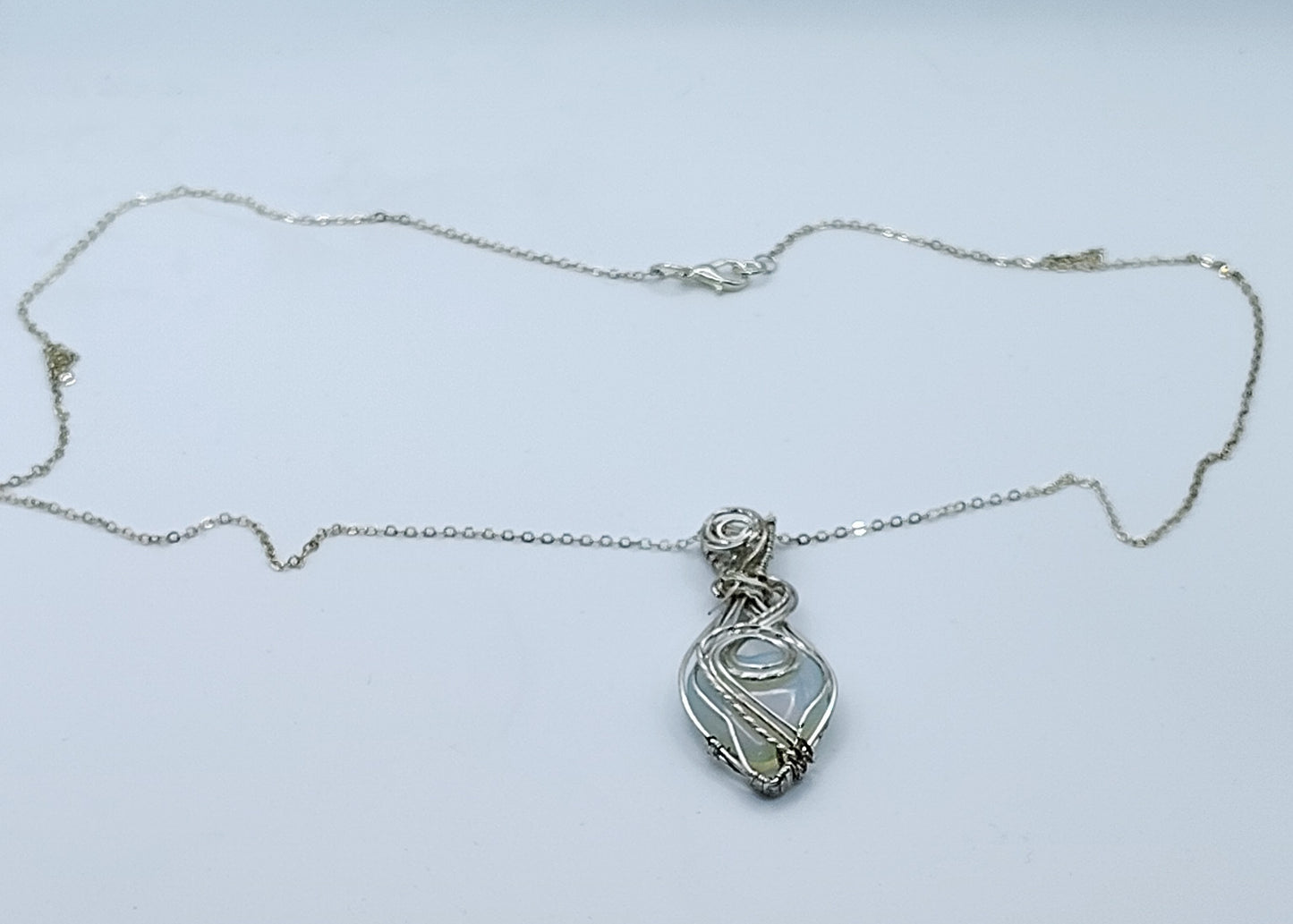 Gorgeous Silver-Plated Wire Wrapped Opalite Heart Necklace