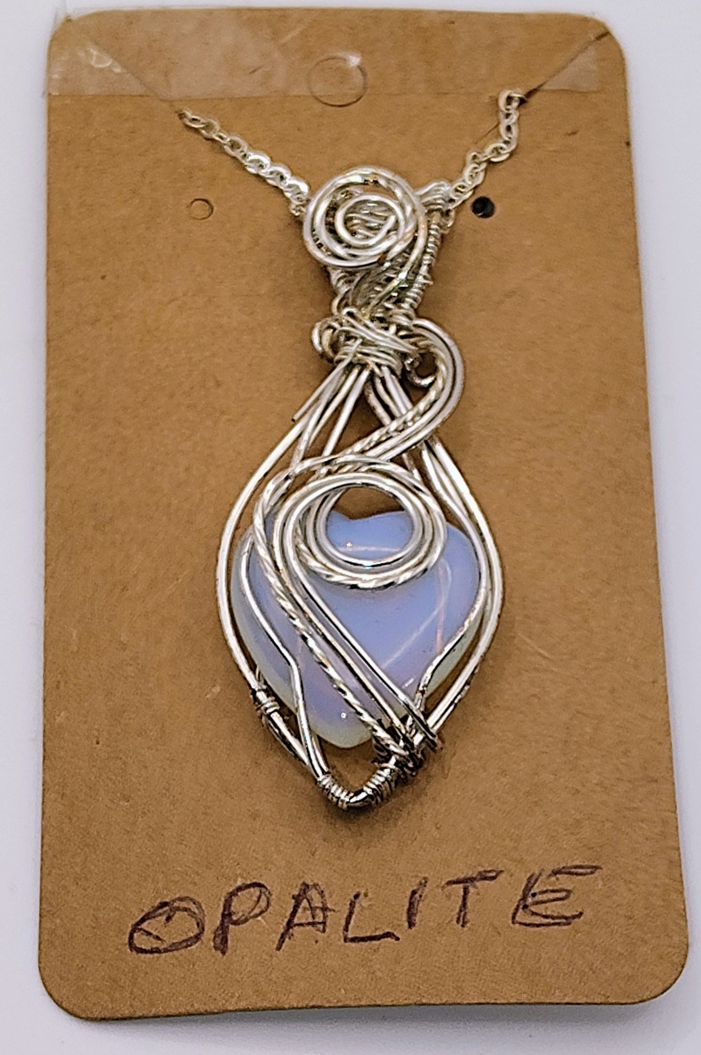 Gorgeous Silver-Plated Wire Wrapped Opalite Heart Necklace